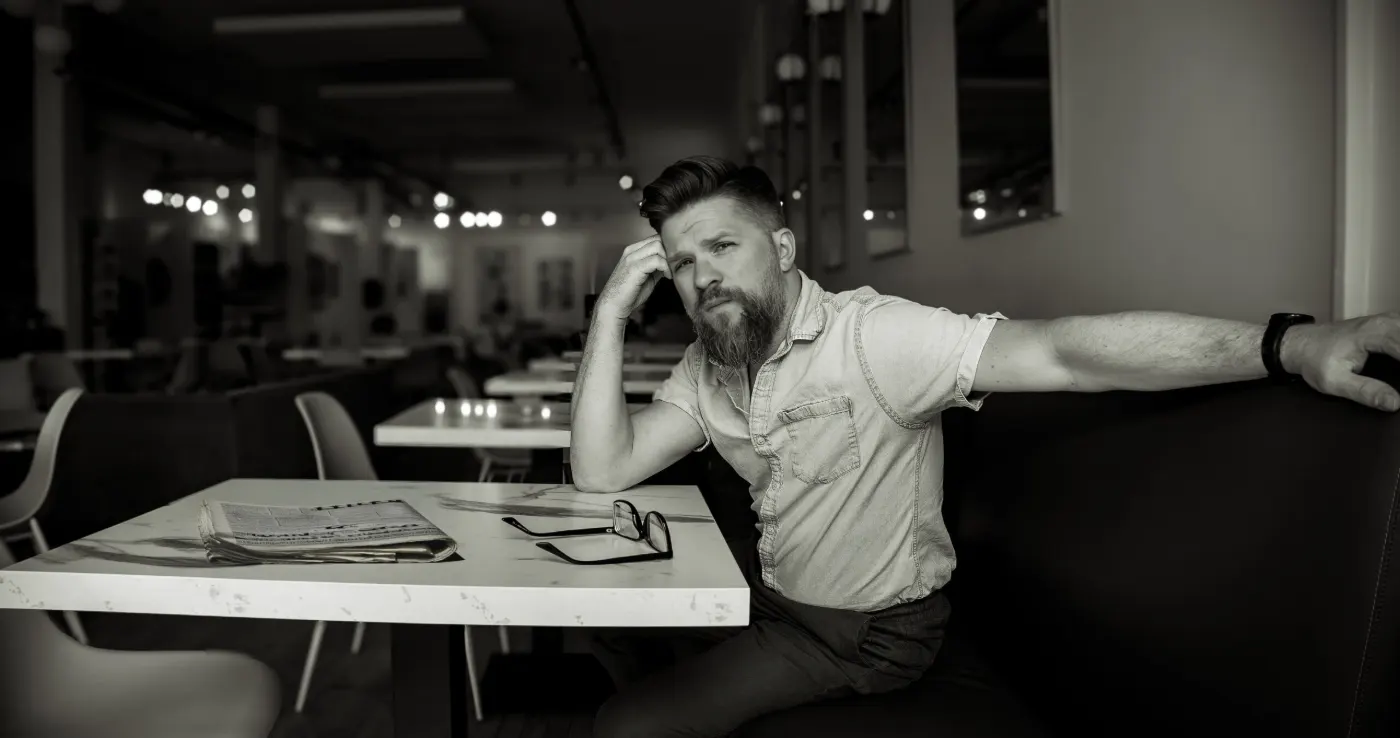 Elias Dummer at a café table in Hamilton